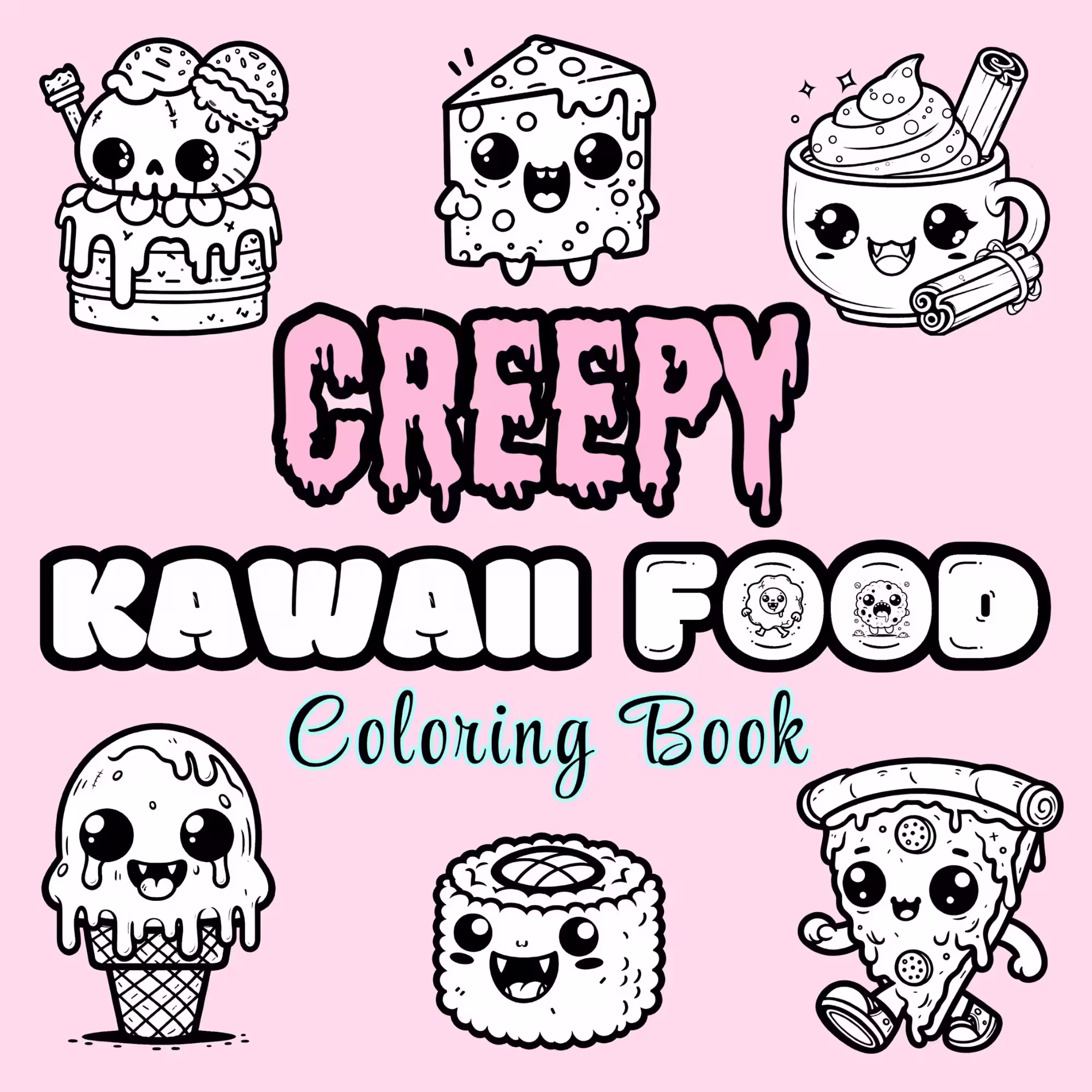 pink book creepy cute food adventures coloring book for tweens and kids and adults